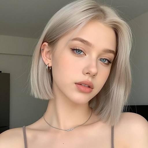 Photograph of a young woman with platinum blonde bob, blue eyes, light skin, wearing a thin black strap top, small hoop earrings, and a