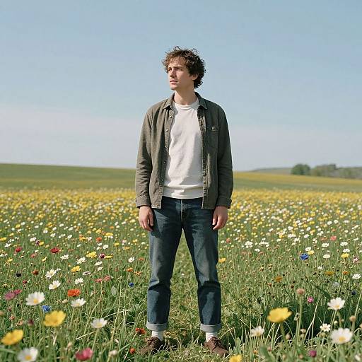 Young man with curly brown hair stands in a sunny field of colorful wildflowers, wearing a green jacket, white shirt, and blue jeans.