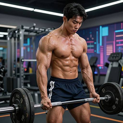 Photograph of a muscular, shirtless Asian man with wet skin, black shorts, lifting a heavy barbell in a neon-lit gym.