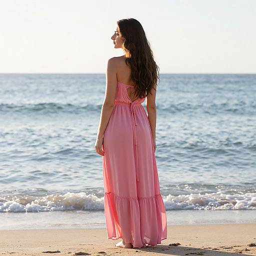 Photograph of a woman with long, wavy brown hair, wearing a pink, sleeveless, floor-length dress, standing on a sunny beach with