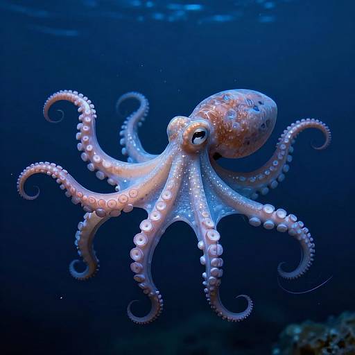 Photograph of a glowing, bioluminescent octopus with white and pink hues, eight curled tentacles with suction cups, swimming in a deep
