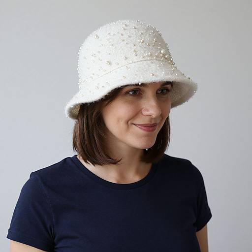 Photograph of a smiling white woman with shoulder-length brown hair wearing a white, sequined bucket hat and a black t-shirt against a plain white background