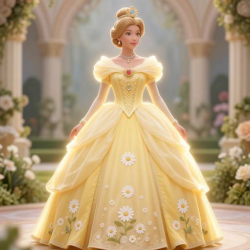 CGI princess in a glowing yellow, floral-embellished gown with puffed sleeves, pearl necklace, and crown, standing in a sunlit