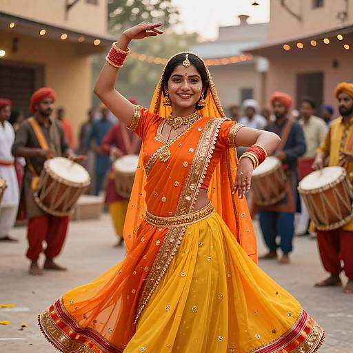 Photograph of a smiling South Asian woman in an orange-yellow traditional lehenga, adorned with gold jewelry, dancing in a festive street scene with drummers