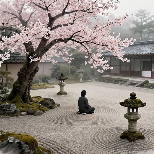 Photograph of a serene Japanese garden with a meditating figure under a blooming cherry blossom tree, surrounded by raked gravel and stone lanterns.