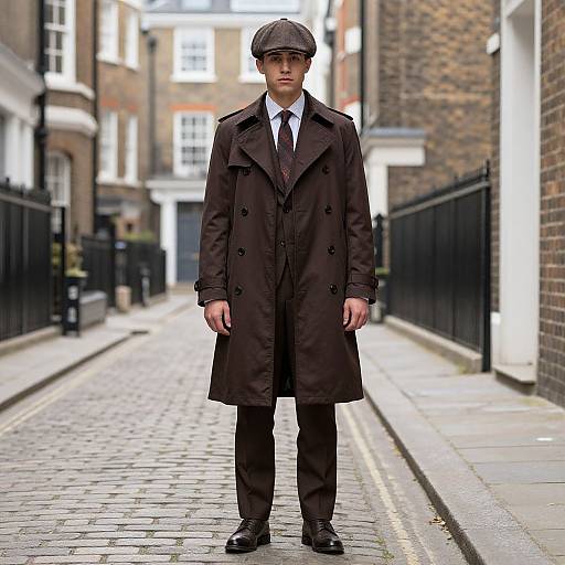 Photograph of a serious man in a brown trench coat, flat cap, and black tie standing on a narrow, cobblestone alleyway between brick