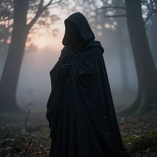 Photograph of a hooded figure in a dark, ornate cloak standing in a misty, forested area with sunlight filtering through trees.
