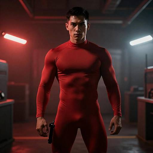 Intense Muscular Man in Smoky Setting