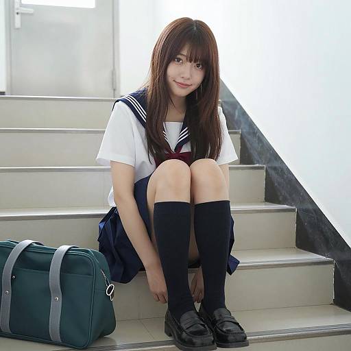 Asian School Girl on Grey Stairs