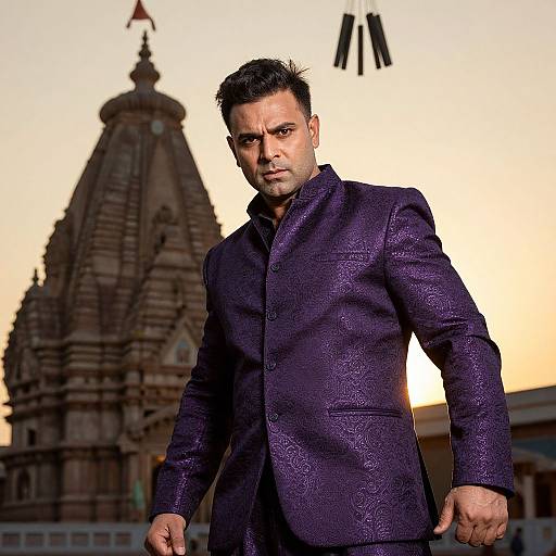 Photograph of a serious-looking man with short black hair, wearing a dark purple, textured suit, standing in front of a historic domed building at