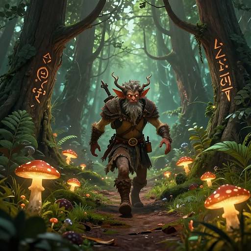 Fantasy forest illustration: horned, bearded orc with furry armor, walking between glowing mushroom-lit trees, ancient runes on archway. Digital