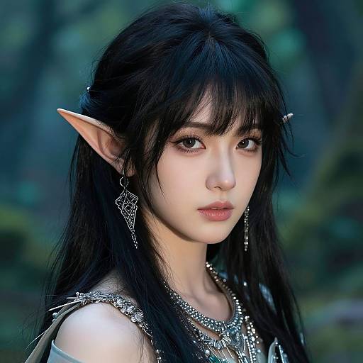 Digital art of an elf woman with long black hair, pointed ears, delicate features, and intricate jewelry, set against a forest background.