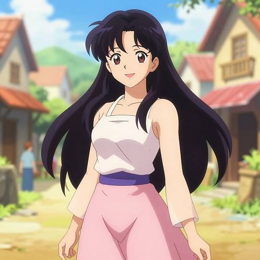 Anime-style digital drawing of a smiling young woman with long black hair, wearing a white sleeveless top and pink high-waisted skirt, standing in