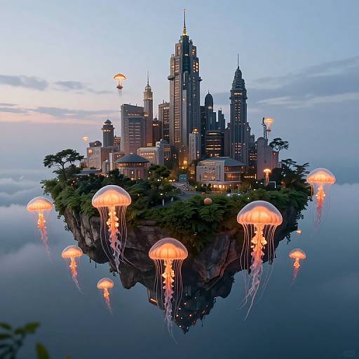 Futuristic city island surrounded by glowing jellyfish, featuring tall skyscrapers, illuminated at dusk, floating above cloudy sky. Digital art.