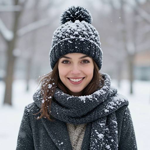 Photograph of a smiling woman with fair skin and brown hair, wearing a black knit beanie and matching scarf, snow-covered in a winter landscape.