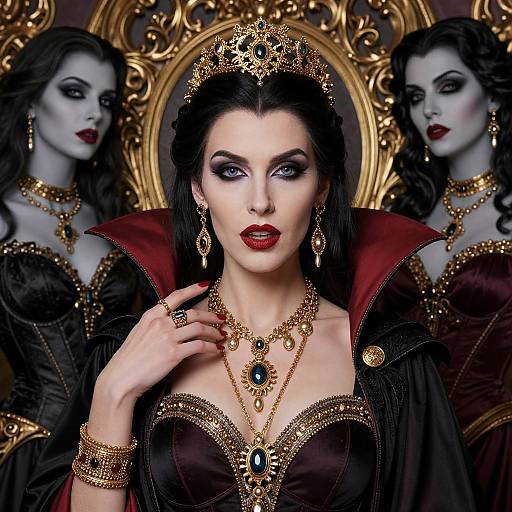 Photograph-style digital art of a pale-skinned, black-haired queen with red lips, gold crown, elaborate jewelry, and black dress, flanked
