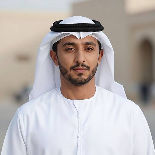 Photograph of a Middle Eastern man with olive skin, dark beard, wearing a white thobe and black-and-white kufi, standing outdoors against