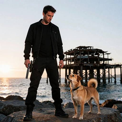 Dramatic Sunset Scene with Man and Dog