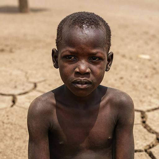 Photograph of a young, shirtless African boy with dark skin, short curly hair, and serious expression, standing in a dry, cracked, sandy