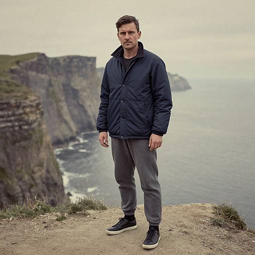 Photograph of a bearded man in a black jacket, gray pants, and black sneakers standing on a cliff overlooking a coastal landscape. Overcast sky