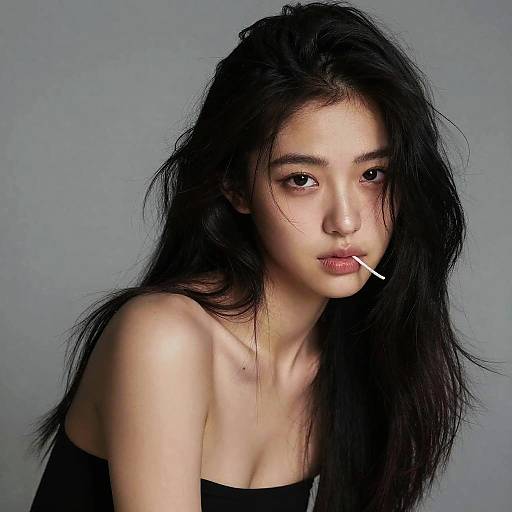 Photograph of an East Asian woman with long, disheveled black hair, pale skin, and dark eyes, wearing a black strapless top,
