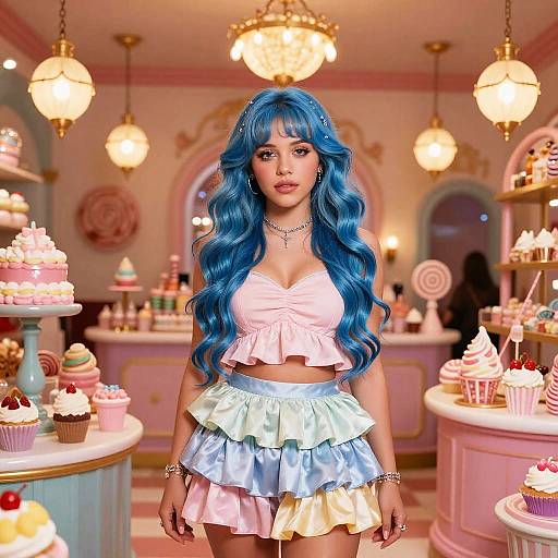 Digital art of a blue-haired woman in a pink crop top and pastel ruffled skirt, standing in a whimsical, brightly lit bakery with cupcakes