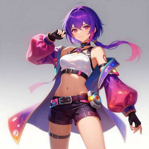 Digital anime-style illustration of a purple-haired, pink-eyed girl with a white crop top, black shorts, and a colorful jacket. She has a confident