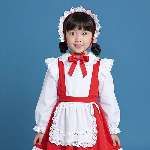 Young Asian girl in a red and white French maid costume with lace apron, white frilled headband, and red bow, against a blue background