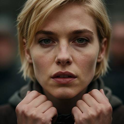 Close-up photograph of a serious-looking blonde woman with short hair, blue eyes, and light skin, clutching her dark jacket collar with both hands.