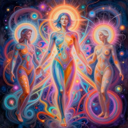 Digital painting of three ethereal, glowing, naked women with halos, surrounded by vibrant, colorful cosmic swirls and stars, standing in a mystical