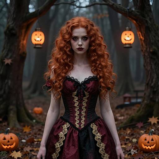 Redhead Woman in Halloween Corset Dress in Spooky Forest