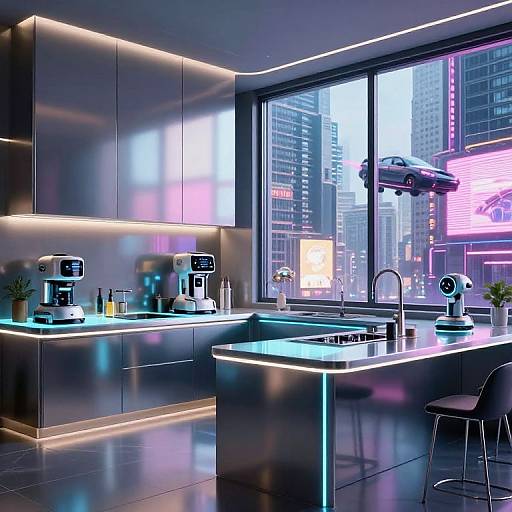 Neon-lit, futuristic kitchen with stainless steel cabinets, glowing blue and purple accents, cityscape view, coffee makers, sink, and bar stools