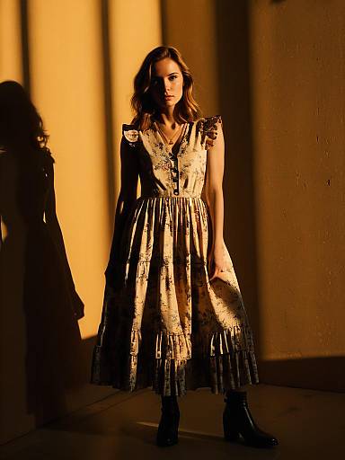 Woman in Boho Chic Floral Dress with Black Boots