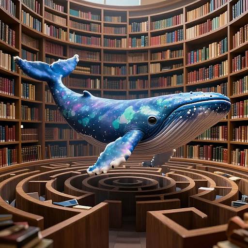 Digital artwork of a starry blue whale floating in a circular maze within a richly stocked, curved wooden library.