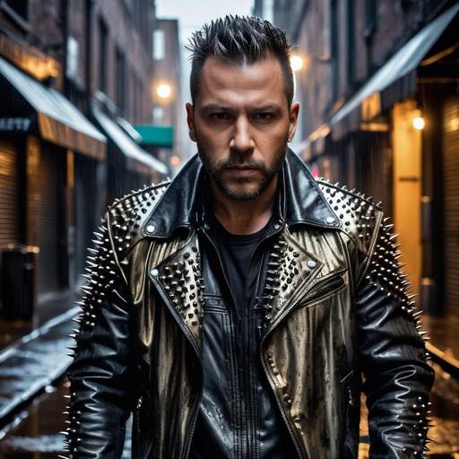 Man in Studded Leather Jacket in Rainy Alley