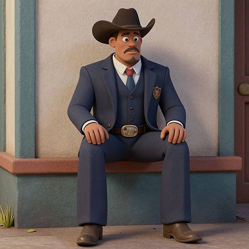 CGI image of a surprised, mustached man in a dark blue cowboy suit, black hat, white shirt, red tie, sitting on a bench