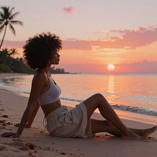Silhouetted woman with afro, white crop top, and beige skirt, sitting on beach at sunset, ocean and palm trees in background.