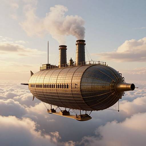 Photograph of a vintage steam-powered airship with two black smokestacks, flying above a sea of clouds at sunset.