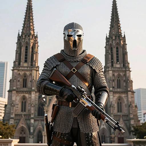 Photorealistic digital art of armored, masked figure with rifle standing in front of Gothic-style cathedral with two tall spires.