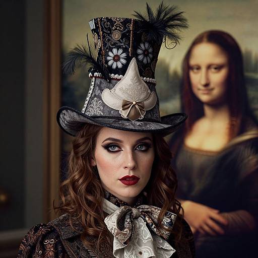 Photograph of a fair-skinned woman with curly brown hair, wearing a detailed black top hat with feathers, floral patterns, and lace, standing in