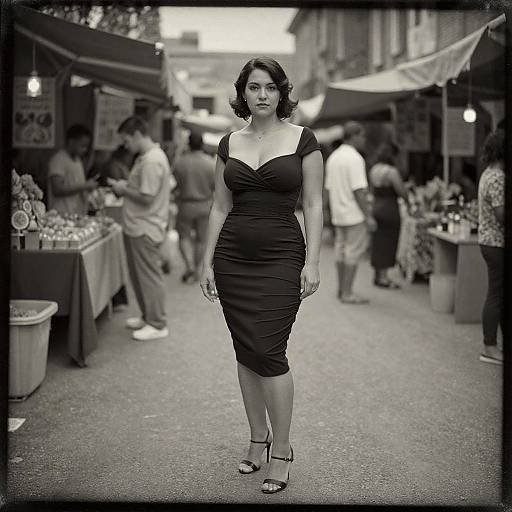Black-and-white photograph of a curvy woman with dark, wavy hair in a form-fitting, off-shoulder black dress, walking confidently