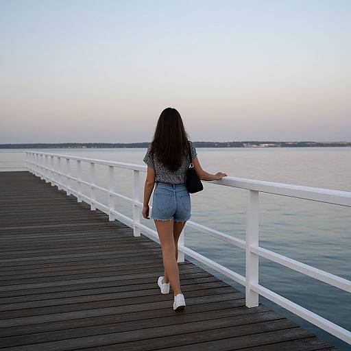 Photograph of a woman with long dark hair, wearing a black patterned top and denim shorts, walking on a wooden pier by the sea at sunset