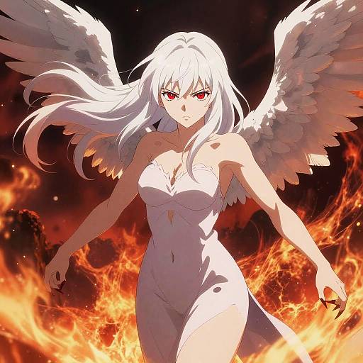 Digital anime-style drawing of a white-haired, red-eyed angel with large wings, wearing a white dress, standing amidst fiery flames.