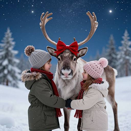 Photograph of two children in winter clothing, kissing a reindeer with large antlers and a red bow, under a snowy night sky.