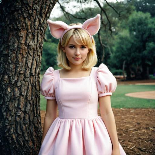 Blonde Woman in Pink Piglet Costume Outdoors
