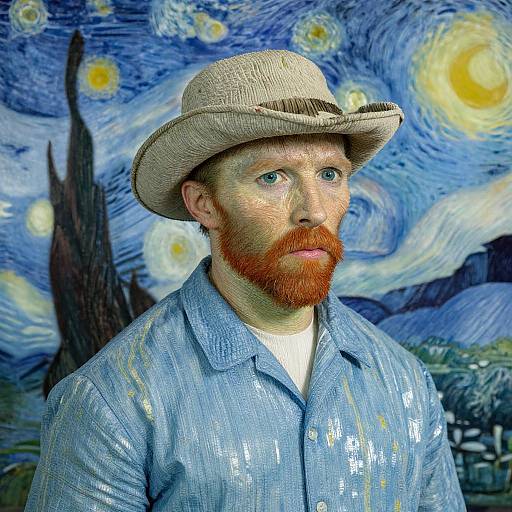 Digital artwork of a bearded man in a light blue shirt and beige hat, set against Vincent van Gogh's 