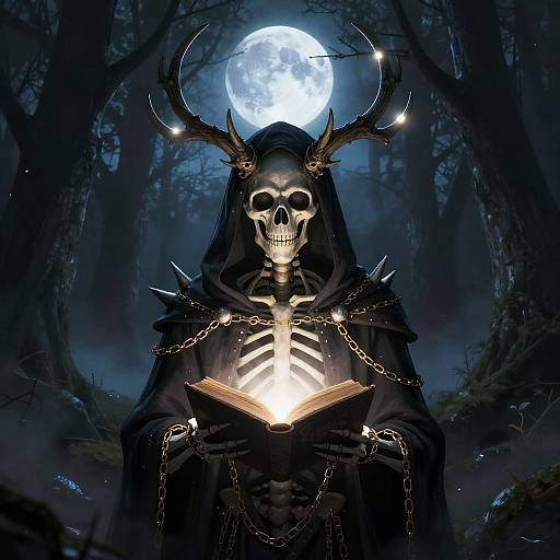Digital artwork of a skeletal figure with antlers, holding a glowing book, chains, under a full moon in a dark, misty forest.