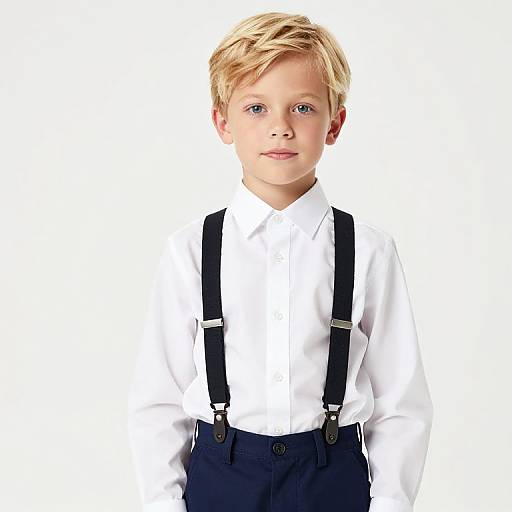 Photograph of a young blonde boy with blue eyes, wearing a white shirt, black suspenders, and navy pants, standing against a white background.
