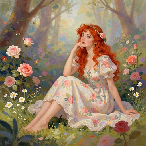 Whimsical Woman in Dreamy Floral Forest