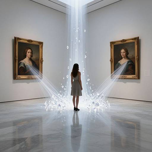Photograph of a woman in a gray dress standing in a gallery, silhouetted by white light beams, flanked by two classical oil paintings